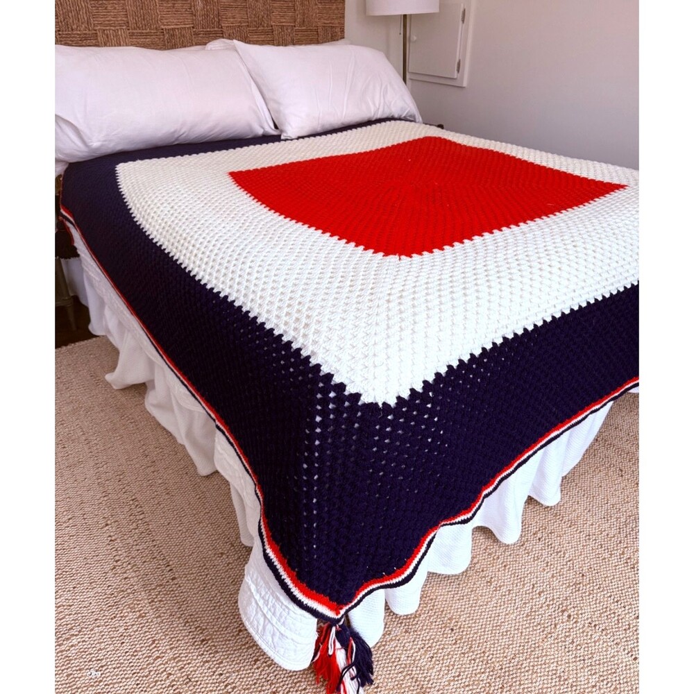 Vintage Large Crochet Afghan Blanket Throw Handmade 100” x 104” Red White & Blue